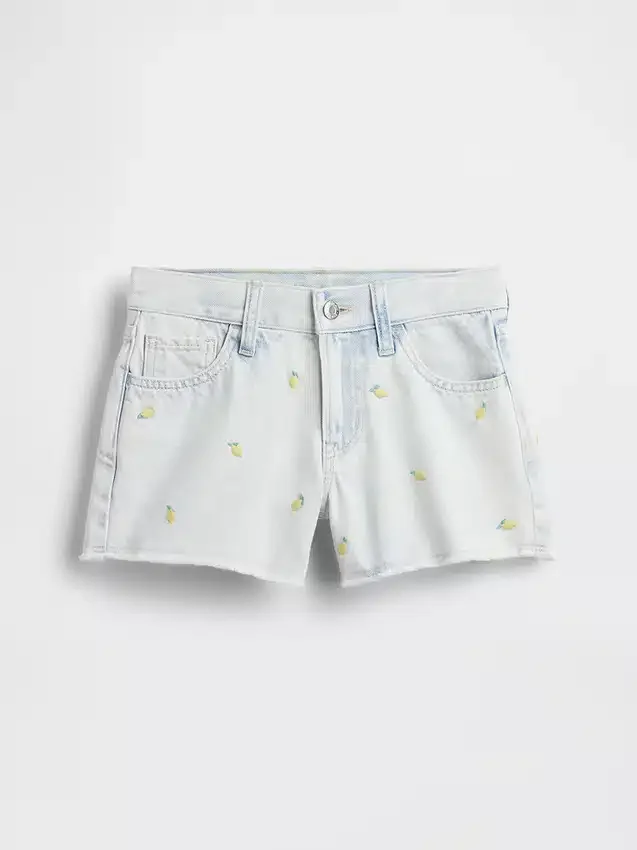 Kinder-Jeans-Shorts mit niedriger Leibhöhe, „Stride“-Stickerei und Zitronenmuster