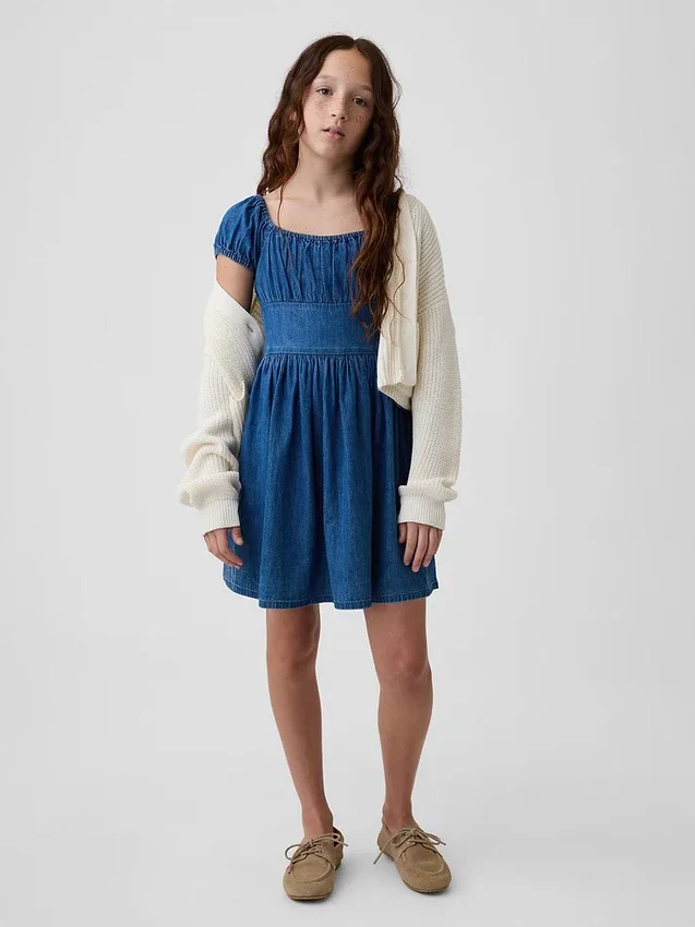 Kinder-Mini-Kleid aus Denim mit Puffärmeln