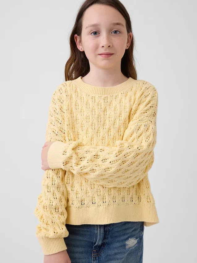 Kinder-Oversize-Pullover mit Rundhalsausschnitt aus Häkelstoff