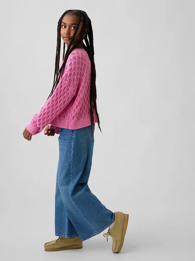 Kinder-Oversize-Pullover mit Rundhalsausschnitt aus Häkelstoff