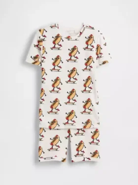 Kinder-Pyjama-Set aus gebürsteter Bio-Baumwolle mit Hot-Dog-Motiv als Shorts