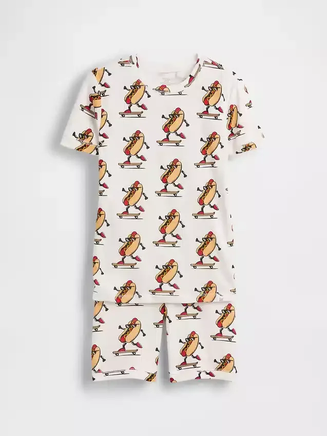 Kinder-Pyjama-Set aus gebürsteter Bio-Baumwolle mit Hot-Dog-Motiv als Shorts