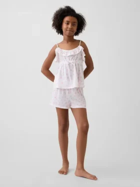 Kinder-Pyjama-Set aus recyceltem Material mit Rüschen-Top und Shorts