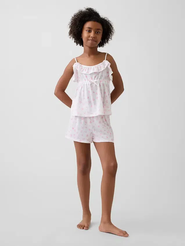 Kinder-Pyjama-Set aus recyceltem Material mit Rüschen-Top und Shorts