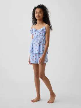 Kinder-Pyjama-Set aus recyceltem Material mit Rüschen-Top und Shorts
