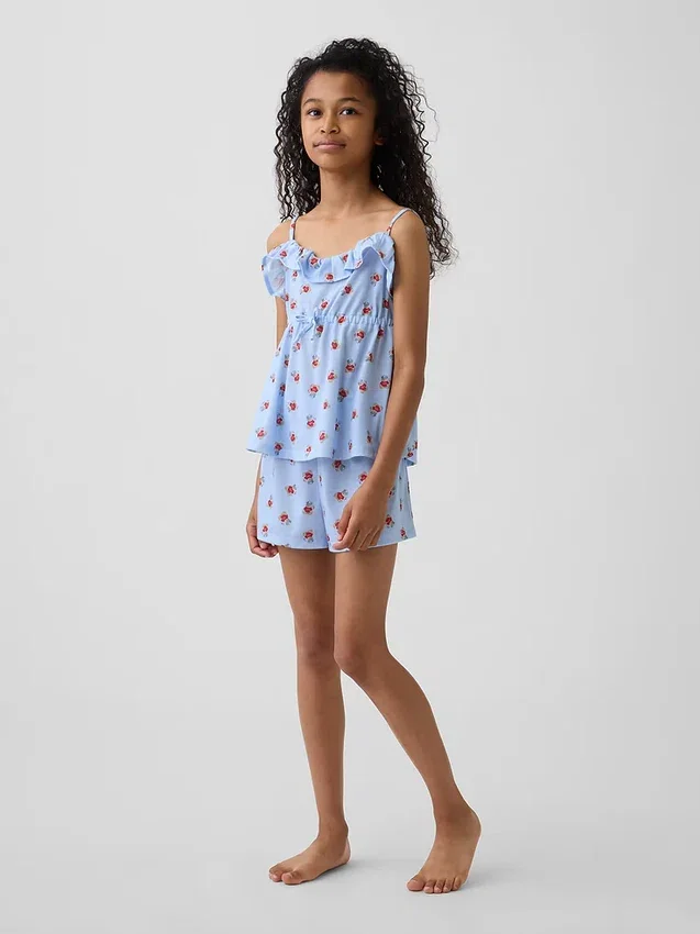 Kinder-Pyjama-Set aus recyceltem Material mit Rüschen-Top und Shorts