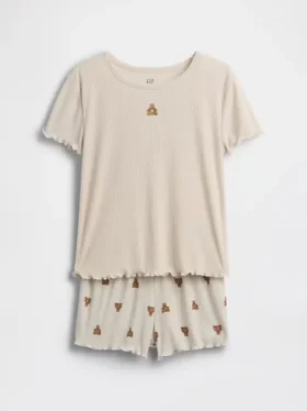 Kinder-Pyjama-Set aus recyceltem Rippstrick mit Brannan-Bär in Shorts
