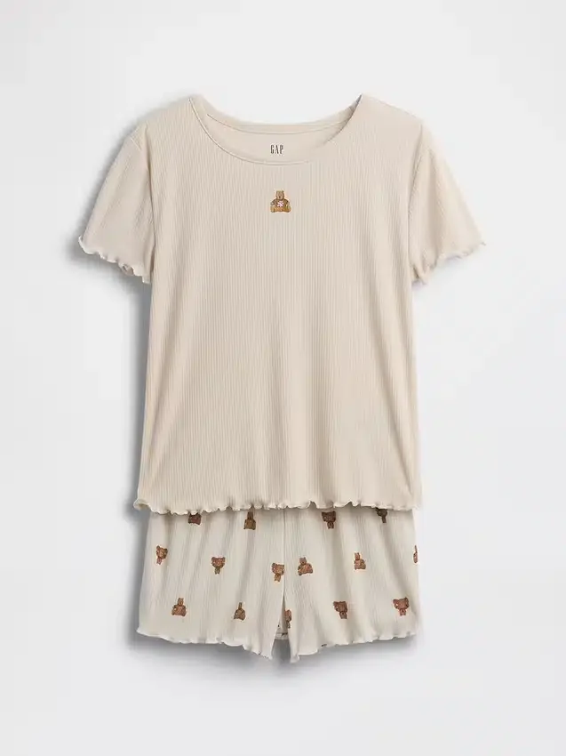 Kinder-Pyjama-Set aus recyceltem Rippstrick mit Brannan-Bär in Shorts