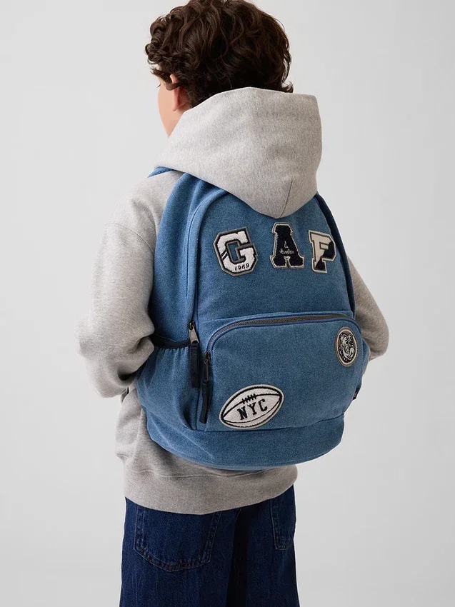 Kinder-Rucksack aus Denim mit Logo-Aufnähern