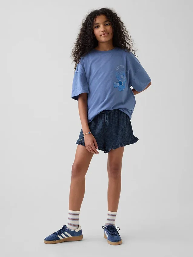 Kinder-Shorts aus Baumwollgaze-Denim mit Rüschen