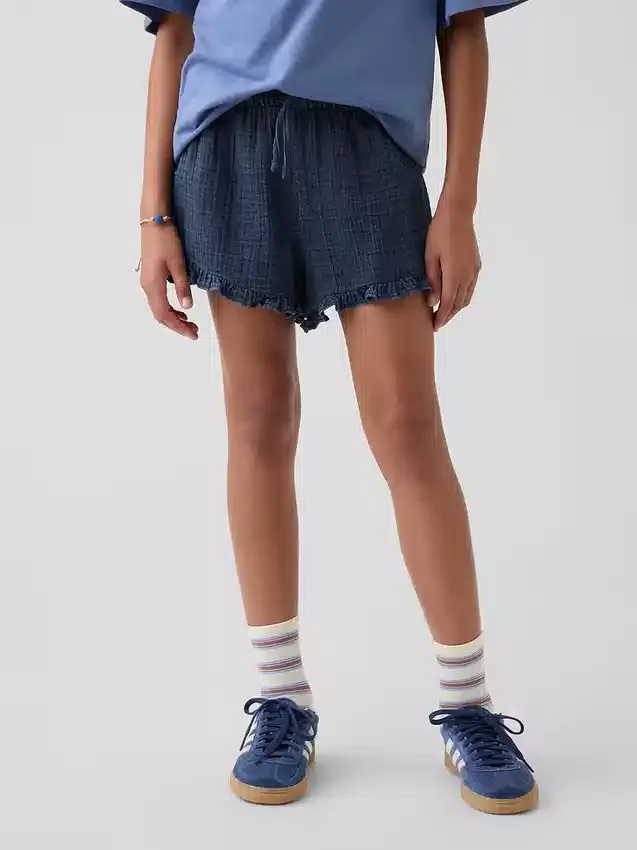 Kinder-Shorts aus Baumwollgaze-Denim mit Rüschen