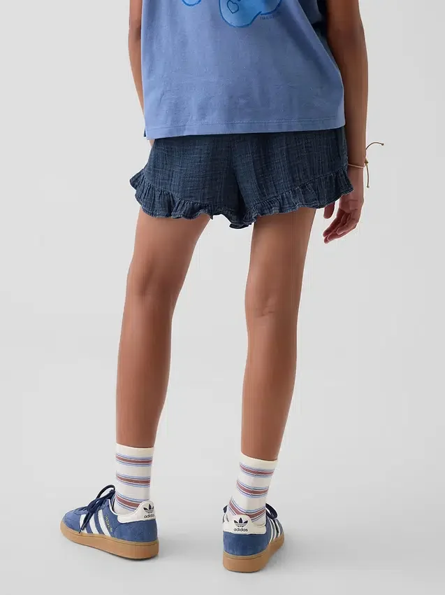 Kinder-Shorts aus Baumwollgaze-Denim mit Rüschen
