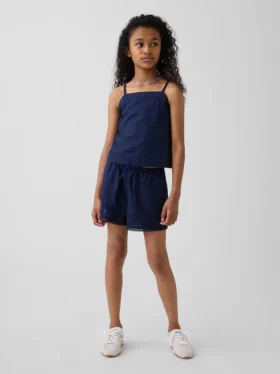 Kinder-Shorts aus Leinen-Baumwolle mit Spitzenbesatz