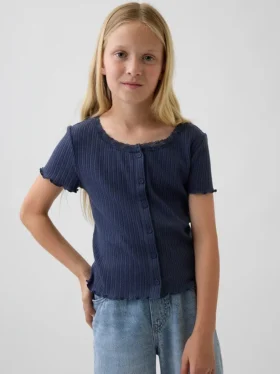 Kinder-T-Shirt aus Pointelle-Rippstrick mit Knopfleiste