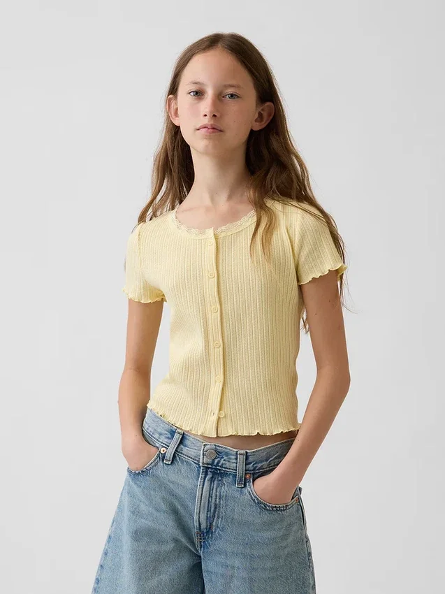 Kinder-T-Shirt aus Pointelle-Rippstrick mit Knopfleiste