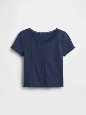 Kinder-T-Shirt aus Pointelle-Rippstrick mit Knopfleiste