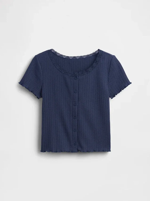 Kinder-T-Shirt aus Pointelle-Rippstrick mit Knopfleiste