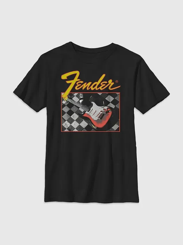 Kinder-T-Shirt mit Fender-Gitarrenmotiv im Karomuster