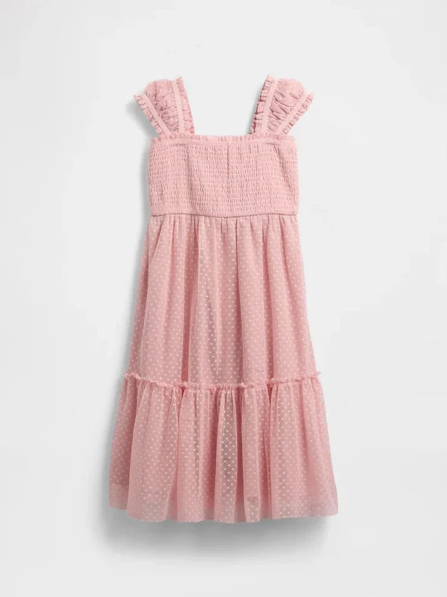 Kinderkleid aus Netzstoff mit Rüschen und Flügelärmeln