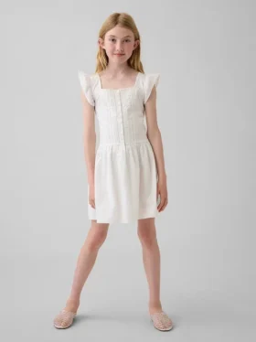 Kinderkleid mit Flatterärmeln und Spitzenbesatz