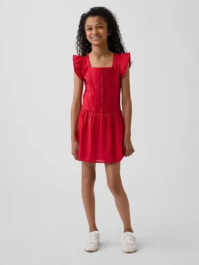 Kinderkleid mit Flatterärmeln und Spitzenbesatz