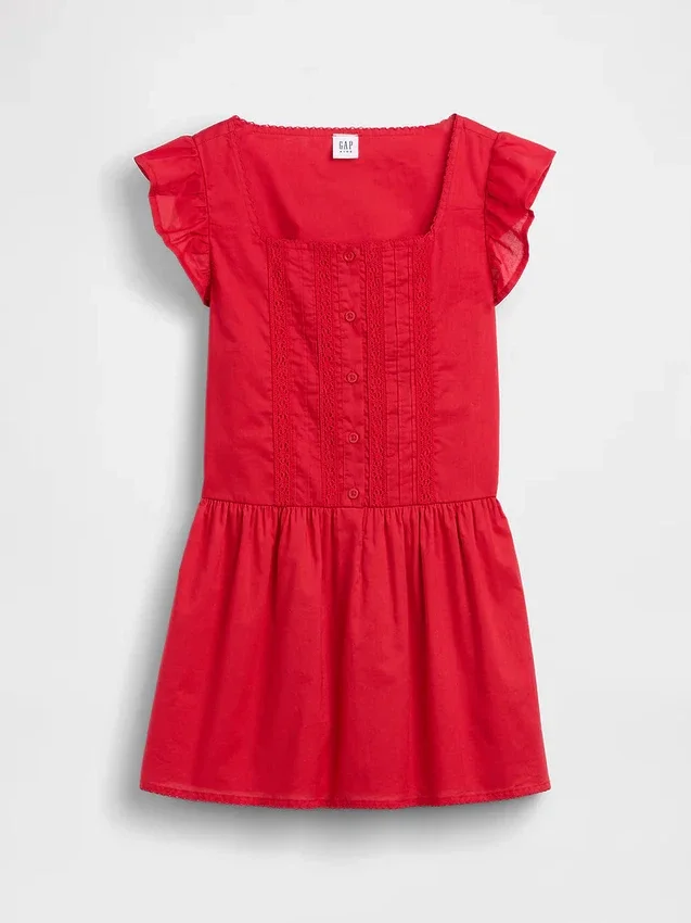 Kinderkleid mit Flatterärmeln und Spitzenbesatz