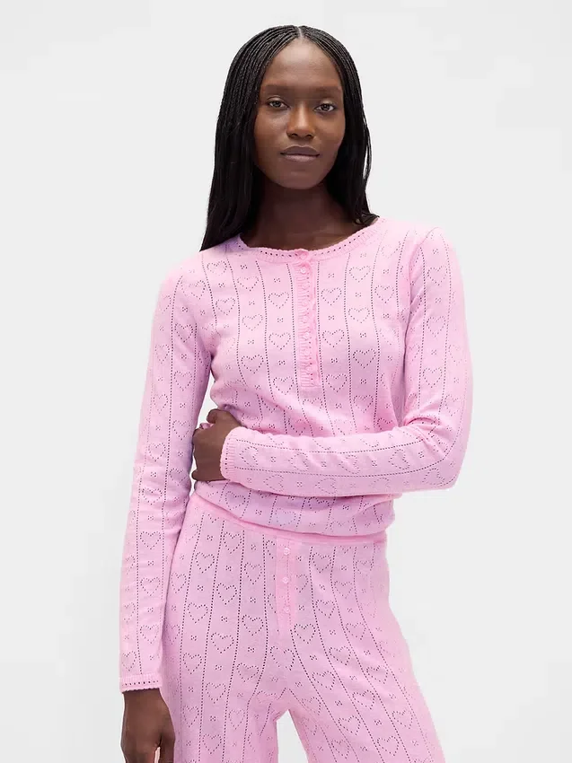 Leichtes CashSoft-Pointelle-Pyjama-Oberteil mit Herzmotiv