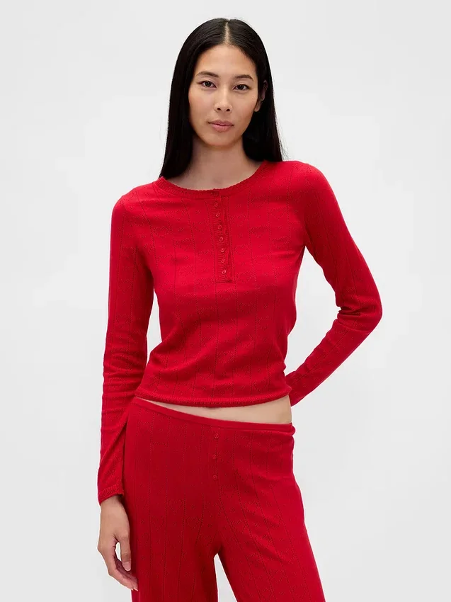 Leichtes CashSoft-Pointelle-Pyjama-Oberteil mit Herzmotiv