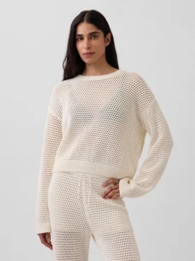 Locker sitzender Pullover aus 100 % Baumwolle im Häkel-Look