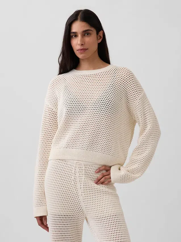Locker sitzender Pullover aus 100 % Baumwolle im Häkel-Look
