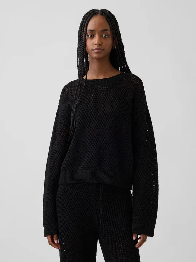 Locker sitzender Pullover aus 100 % Baumwolle im Häkel-Look