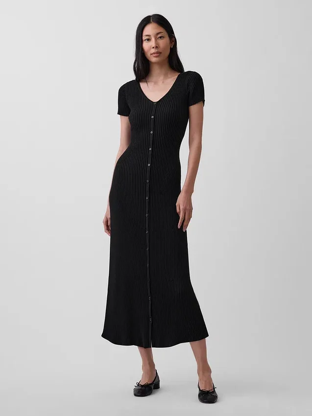 Maxi-Pullover-Kleid mit Knopfleiste und Rippstrick