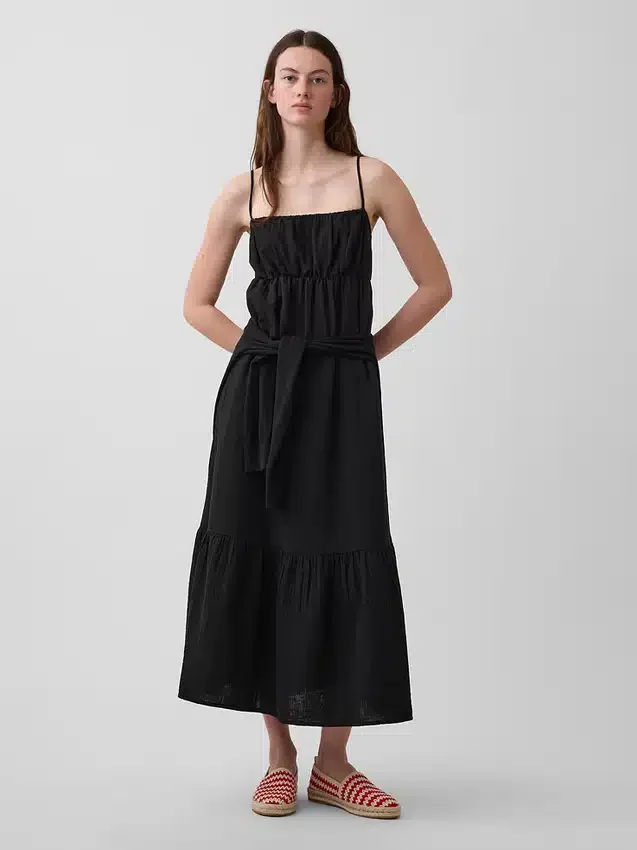 Maxikleid aus Baumwollgaze mit Empire-Taille und Stufenschnitt