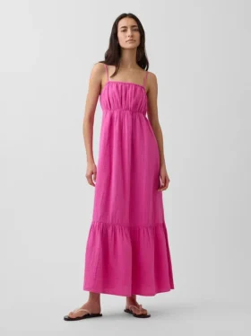 Maxikleid aus Baumwollgaze mit Empire-Taille und Stufenschnitt