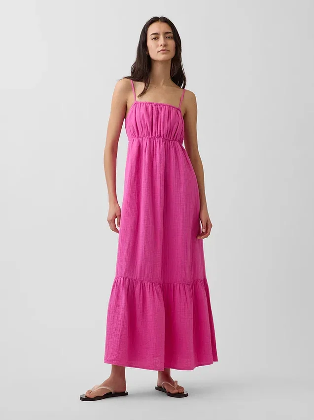 Maxikleid aus Baumwollgaze mit Empire-Taille und Stufenschnitt