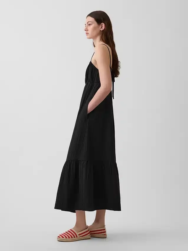Maxikleid aus Baumwollgaze mit Empire-Taille und Stufenschnitt