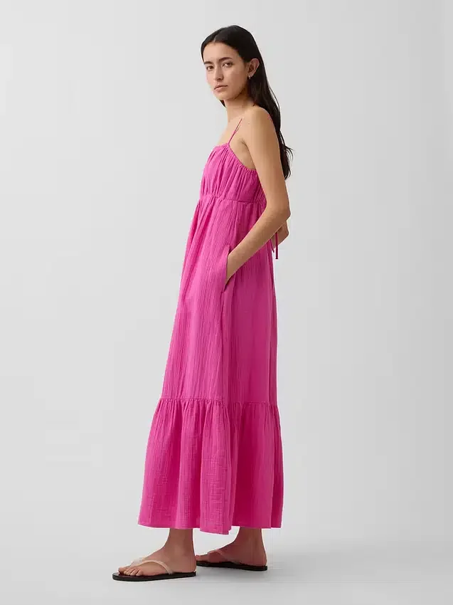 Maxikleid aus Baumwollgaze mit Empire-Taille und Stufenschnitt