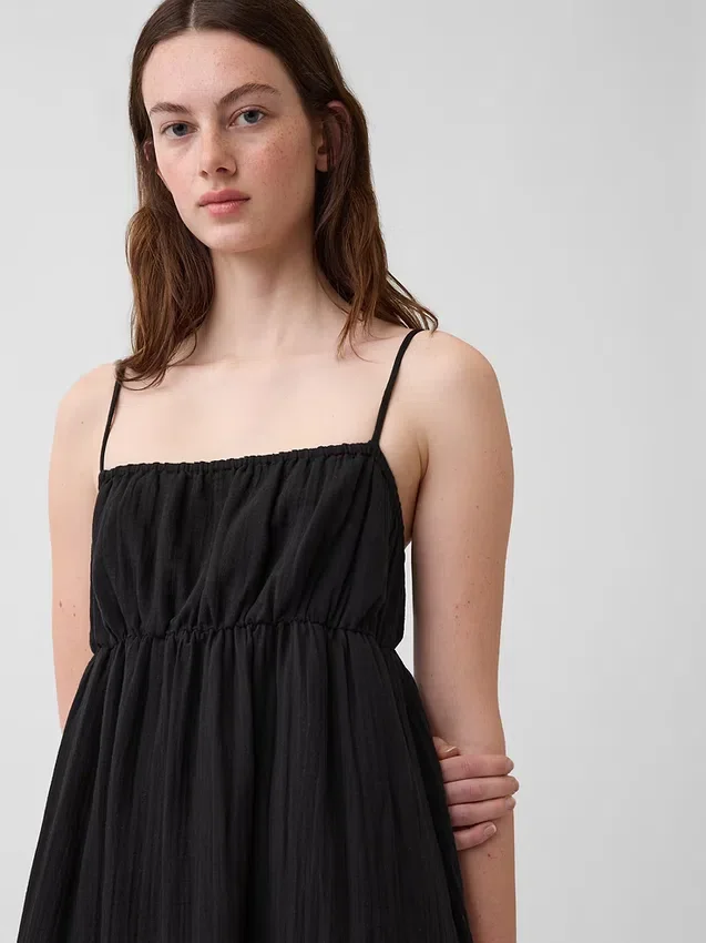 Maxikleid aus Baumwollgaze mit Empire-Taille und Stufenschnitt