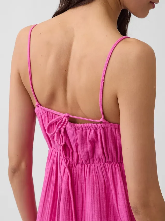 Maxikleid aus Baumwollgaze mit Empire-Taille und Stufenschnitt