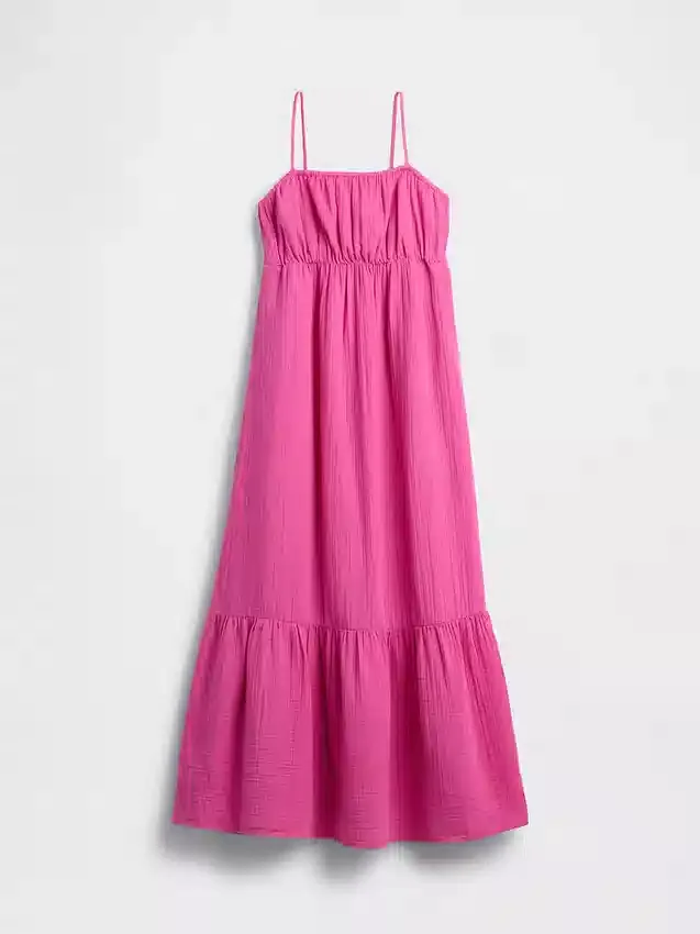 Maxikleid aus Baumwollgaze mit Empire-Taille und Stufenschnitt