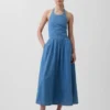 Maxikleid aus Denim mit Halter-Ausschnitt und Bindeband