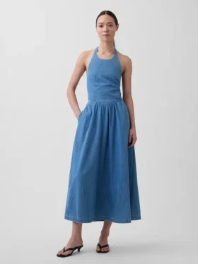 Maxikleid aus Denim mit Halter-Ausschnitt und Bindeband