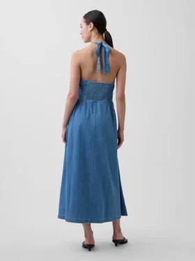 Maxikleid aus Denim mit Halter-Ausschnitt und Bindeband
