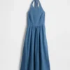 Maxikleid aus Denim mit Halter-Ausschnitt und Bindeband