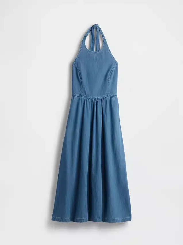 Maxikleid aus Denim mit Halter-Ausschnitt und Bindeband