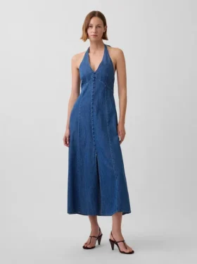 Maxikleid aus Denim mit Nähten und Neckholder-Ausschnitt