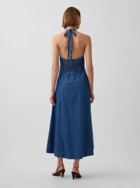 Maxikleid aus Denim mit Nähten und Neckholder-Ausschnitt