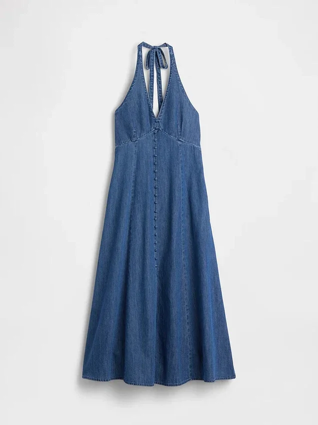 Maxikleid aus Denim mit Nähten und Neckholder-Ausschnitt