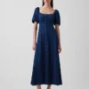 Maxikleid aus Denim mit Puffärmeln und Knopfleiste vorne