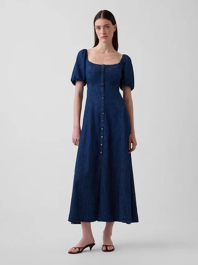 Maxikleid aus Denim mit Puffärmeln und Knopfleiste vorne